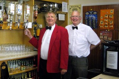 Clive Brooks and Roger Taplin in their bar outfits, which could become a regular feature ! Hey wait a minute is that the vodka optic ?
