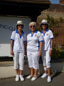 Jo Perry and Annie Mindry either side of marker Pam Butler